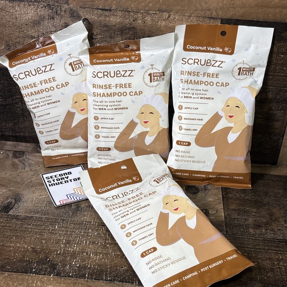 Scrubzz No Rinse Shampoo Cap Lot Of 4 Count Coconut Vanilla Travel Camping